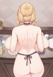  1girl absurdres apron ass back backboob blonde_hair breast_lift breast_rest breasts choker commentary_request deep_skin des_moines_(warship_girls_r) from_behind hair_bun highres huge_breasts indoors lactation looking_away milk naked_apron nape shoulder_blades sidelocks solo warship_girls_r xiao_shei.. 