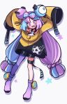  1girl :d arms_up bangs black_shorts blue_hair boots character_hair_ornament commentary_request full_body hair_ornament highres hiisu_(s-1104-d) iono_(pokemon) jacket long_hair open_mouth pantyhose pokemon pokemon_(game) pokemon_sv purple_eyes purple_footwear purple_hair purple_pantyhose sharp_teeth shirt shorts single_leg_pantyhose sleeveless sleeveless_shirt sleeves_past_fingers sleeves_past_wrists smile solo teeth tongue twintails white_shirt yellow_jacket 