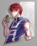  1boy artist_name aya_shiro423 blue_eyes boku_no_hero_academia burn_scar cup dated earbuds earphones grey_background holding holding_cup male_focus multicolored_hair red_hair scar short_sleeves steam teacup todoroki_shouto two-tone_hair u.a._gym_uniform upper_body white_hair yunomi 