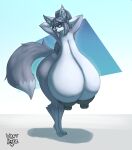  2022 absurd_res anthro arms_behind big_breasts blue_eyes breasts canid canine digital_media_(artwork) eyewear eyewear_only female fluffy fluffy_tail glasses glasses_only hair hi_res hilwu huge_breasts huge_nipples hyper hyper_breasts long_hair mammal nude sagging_breasts solo thick_thighs vant_talon wide_hips 