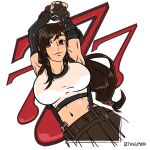  1girl arms_up bangs belt black_belt black_gloves black_shorts breasts brown_hair commission final_fantasy final_fantasy_vii fingerless_gloves gloves large_breasts long_hair looking_at_viewer low-tied_long_hair midriff navel otakuman red_eyes shorts smile solo suspenders tifa_lockhart white_background 