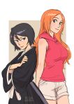  2girls artist_name back-to-back bangs bare_arms black_hair black_kimono bleach border breasts brown_background brown_eyes cowboy_shot crossed_arms felia_hanakata grey_eyes grey_shorts hair_between_eyes height_difference highres hood hood_down hoodie inoue_orihime japanese_clothes kimono kuchiki_rukia large_breasts long_hair looking_at_viewer multiple_girls orange_hair parted_bangs pink_hoodie short_hair shorts sleeveless sleeveless_hoodie smile 