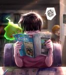  3boys aya_shiro423 bangs blunt_bangs blurry blurry_background bookshelf bowl_cut brown_hair calendar_(object) chair ekubo_(mob_psycho_100) indoors kageyama_shigeo magazine_(object) mob_psycho_100 multiple_boys pencil reading reigen_arataka sitting spoken_squiggle squiggle table 