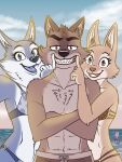  2022 5_fingers abs anthro athletic athletic_anthro athletic_male beach bikini breasts canid canine canis chest_tuft clothed clothing crossed_arms diane_foxington digital_media_(artwork) dreamworks duo elbow_tuft eyebrow_piercing eyebrows facial_piercing fangs female fingers forced_smile fox fur grin hair heresy_(artist) hi_res humanoid_hands illumination_entertainment inner_ear_fluff looking_at_viewer male male/female mammal mr._wolf_(the_bad_guys) navel open_mouth open_smile outside piercing porsha_crystal seaside sharp_teeth signature sing_(movie) sketch smile swimming_trunks swimwear teeth the_bad_guys tongue topless topless_anthro topless_male tuft unimpressed water wolf 