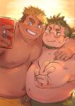  2boys arm_around_shoulder belly belly-to-belly blonde_hair blue_eyes blush commentary_request daihukudokoro dark-skinned_male dark_skin facial_hair goatee green_hair green_shorts grin highres holding holding_phone jewelry live_a_hero long_hair multiple_boys navel nipples pectoral_docking pectoral_press pectorals phone plump ponytail ring round_eyewear selfie semi-rimless_eyewear short_hair shorts sideburns signature smile stomach subaru_(live_a_hero) sunset sweatdrop thick_eyebrows topless_male upper_body v v-shaped_eyebrows yasuhiko_(live_a_hero) yellow_eyes yellow_shorts 