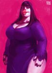  2022 anthro avian bangs beak big_breasts big_butt bird black_hair breasts butt cleavage clothed clothing dress dyna_soar eyebrows eyelashes feathers female finch goth hair hi_res jewelry long_hair looking_at_viewer magenta_background nails necklace orange_beak oscine overweight overweight_female painting passerine portrait purple_clothing purple_dress signature simple_background solo thick_thighs three-quarter_portrait white_body white_feathers wide_hips 