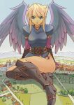  1girl blonde_hair boots breasts breath_of_fire breath_of_fire_ii dress feathered_wings full_body giant giantess green_eyes highres long_hair looking_at_viewer nina_(breath_of_fire_ii) open_mouth purple_wings seo_tatsuya solo wings 