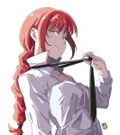  1girl adjusting_clothes adjusting_necktie artist_logo automatic_giraffe bangs black_necktie braid braided_ponytail chainsaw_man collared_shirt dated highres long_sleeves looking_at_viewer makima_(chainsaw_man) necktie partially_unbuttoned red_hair ringed_eyes shirt sidelocks simple_background smile upper_body white_background white_shirt 