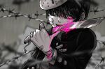  1boy aya_shiro423 bandages bandaid bandaid_on_hand barbed_wire blood blood_on_face blurry blurry_background gakuran hair_over_eyes holding holding_knife kageyama_shigeo knife licking licking_blade licking_weapon male_focus mask mask_on_head mob_psycho_100 pink_blood scar school_uniform solo upper_body weapon 