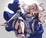  1girl arm_guards armor ass bangs black_gloves blonde_hair blue_cape breastplate cape closed_mouth clothing_cutout commentary corrin_(fire_emblem) corrin_(fire_emblem)_(female) eyelashes feet fire_emblem fire_emblem_fates floating floating_hair full_body gloves grey_background hair_between_eyes hairband highres karashino knees_up leaning_back leg_armor legs long_hair looking_at_viewer no_shoes pointy_ears red_eyes shiny shiny_hair soles solo stirrup_legwear thigh_cutout thighs toeless_legwear toes 