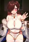  1girl artist_name bandaged_arm bandages bare_shoulders blush bracelet breasts brown_hair china_dress chinese_clothes cleavage cleavage_cutout clothing_cutout coat coat_removed collarbone dress earrings frown_(wonderland85711) fur-trimmed_coat fur_trim groin hair_over_one_eye hand_up indoors jewelry large_breasts looking_at_viewer maplestory mole mole_under_eye one_eye_covered open_clothes open_coat parted_lips purple_eyes ring short_hair signature sitting smile solo thighhighs waving white_coat white_dress white_thighhighs 