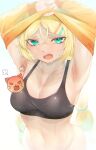  1girl absurdres aqua_eyes armpits arms_up bababababan black_survival blonde_hair blush breasts cleavage fang hair_ornament hairclip highres long_hair long_sleeves looking_at_viewer low_twintails medium_breasts navel nicky_blake open_mouth orange_sweater simple_background solo sports_bra sweat sweater twintails undressing upper_body very_long_hair white_background 