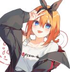  1girl :p arm_up black_coat black_hairband blue_eyes blush bow braid brand_name_imitation coat collarbone commentary dutch_angle go-toubun_no_hanayome hair_bow hairband long_sleeves looking_at_viewer low_twin_braids medium_hair multicolored_coat nakano_yotsuba orange_hair pizza_hut shirt simple_background solo tongue tongue_out twin_braids upper_body v white_background white_shirt yunweishukuang 