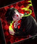  1boy argyle argyle_background artist_name aya_shiro423 black_eyes black_hair black_shirt blush_stickers clenched_hand dated ekubo_(mob_psycho_100) gakuran kageyama_shigeo long_sleeves male_focus mob_psycho_100 possessed red_background school_uniform shirt short_hair upper_body 