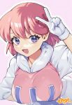  1girl :d blue_eyes breasts gloves highres large_breasts looking_at_viewer murata_tefu open_mouth pastel_(twinbee) pink_hair short_hair simple_background smile solo twinbee v white_gloves 