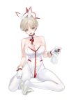  1girl animal_ears bangs bare_shoulders blonde_hair blue_archive blush breasts buttons character_request cleavage collarbone commentary_request fake_animal_ears full_body gloves holding large_breasts looking_at_viewer maccyman no_shoes open_mouth pantyhose playboy_bunny rabbit_ears short_hair simple_background sitting solo sweat white_background white_gloves white_pantyhose yellow_eyes 