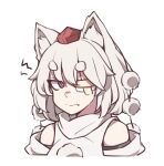  1girl absurdres animal_ears bandage_over_one_eye bare_shoulders close-up closed_mouth fang hat highres inubashiri_momiji pom_pom_(clothes) red_eyes red_headwear short_eyebrows short_hair simple_background skin_fang solo tokin_hat touhou white_background white_hair wolf_ears wolf_girl yashiki_sen 