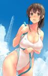  1girl :d amamiya_natsumi ass_visible_through_thighs bare_arms bare_shoulders blue_eyes blush breast_hold breasts brown_hair cloud collarbone commentary competition_swimsuit covered_nipples cowboy_shot day dutch_angle highleg highleg_swimsuit highres hose impossible_clothes kekemotsu large_breasts lips looking_at_viewer one-piece_swimsuit open_mouth original outdoors partially_visible_vulva ponytail power_lines sidelocks sky smile solo swimsuit thighs tongue transmission_tower wet 