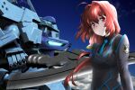  1girl 3d_background ahoge assault_visor black_shirt blue_necktie blush breasts cloud collared_shirt floating_hair genya_(genya67) grey_jacket hair_intakes hair_ribbon highres holding holding_sword holding_weapon jacket kagami_sumika looking_at_viewer low_ponytail mecha medium_breasts muvluv muvluv_alternative necktie red_eyes red_hair ribbon robot science_fiction shinta867 shirt sky smile sword tactical_surface_fighter type_94_shiranui weapon yellow_ribbon 