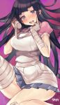  1girl apron bandaged_arm bandages black_hair breasts crying crying_with_eyes_open danganronpa_(series) danganronpa_2:_goodbye_despair highres large_breasts long_hair looking_at_viewer mole mole_under_eye murata_tefu open_mouth pink_shirt puffy_short_sleeves puffy_sleeves shirt short_sleeves simple_background skirt solo tears tsumiki_mikan 