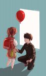  1boy 1girl aya_shiro423 backpack bag balloon black_eyes black_hair black_pants brown_dress brown_hair child dated dress eye_contact gakuran green_background holding holding_balloon kageyama_shigeo long_sleeves looking_at_another mob_psycho_100 one_knee pants randoseru school_uniform shadow short_hair short_twintails simple_background twintails 