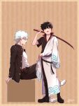  2boys :d aya_shiro423 belt black_footwear black_hair box brown_background brown_belt cosplay costume_switch full_body gakuran gintama holding holding_sword holding_weapon japanese_clothes kageyama_shigeo kageyama_shigeo_(cosplay) kimono male_focus mob_psycho_100 mouth_hold multiple_boys sakata_gintoki sakata_gintoki_(cosplay) school_uniform short_hair short_sleeves simple_background sitting smile standing striped sword vertical_stripes weapon white_footwear white_hair 