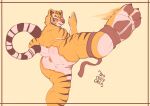  2022 absurd_res action_pose anthro anus bigcozyorca biped black_body black_fur butt digital_media_(artwork) dreamworks felid female fur genitals hi_res kung_fu_panda mammal markings master_tigress multicolored_body multicolored_fur muscular muscular_anthro muscular_female orange_body orange_fur pantherine pawpads pose pussy ring_(marking) ringtail simple_background solo striped_body striped_fur stripes tail_markings tiger white_body white_fur yellow_background yellow_sclera 