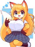  2022 aliasing anthro big_breasts blue_eyes blush blush_lines bottomwear bow_tie breasts canid canine clothing dipstick_tail dress_shirt female fox fur gesture hair happy inner_ear_fluff kemono long_hair looking_at_viewer low_res mammal markings ok_sign one_leg_up orange_body orange_fur orange_hair pattern_bottomwear pattern_clothing pattern_skirt plaid plaid_bottomwear plaid_clothing plaid_skirt portrait pose raised_leg red_bow_tie shirt simple_background skirt solo star tail_markings takiune_(pixiv) three-quarter_portrait topwear tuft 