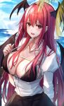  .me 1girl bat_wings beach blurry blurry_foreground blush breasts cleavage day depth_of_field head_wings highres koakuma large_breasts long_hair looking_at_viewer ocean open_mouth outdoors palm_leaf red_eyes red_hair revision shirt solo touhou wings 