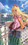  1girl absurdres animal bangs bird blonde_hair blue_sky bow broom broom_riding building cloud collared_shirt day flying gabriel_dropout gabriel_tenma_white highres jl_tan kneehighs loafers long_hair looking_at_viewer midair open_mouth outdoors pink_sweater pleated_skirt purple_eyes red_bow red_skirt shirt shoes skirt sky socks solo sweater tree white_shirt 