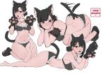  1girl :3 animal_ears animal_hands artist_logo black_bra black_eyes black_hair black_panties blush bra cat_ears cat_tail chainsaw_man claw_pose closed_mouth commentary detached_sleeves english_commentary frilled_bra frilled_panties frills gloves hair_ornament hairclip higashiyama_kobeni highres kamira_naito kemonomimi_mode looking_at_viewer multiple_views navel open_mouth panties paw_gloves paw_shoes pink_nails see-through see-through_sleeves short_ponytail side_ponytail simple_background tail tail_wagging underwear white_background 
