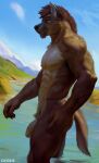  2022 anthro brown_body brown_fur chunie detailed_background digital_media_(artwork) flaccid foreskin fur genitals hair hi_res humanoid_genitalia humanoid_penis hyaenid male mammal muscular muscular_male nipples nude partially_submerged penis red_hair river solo standing white_body white_fur 