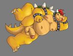  absurd_res anthro balls belly biggslorp bowser chubby_male collar digital_media_(artwork) genitals hair hi_res horn koopa lizard looking_at_viewer male mario_bros moobs navel nintendo nipples nude overweight overweight_anthro overweight_male penis red_hair reptile scalie shell simple_background slightly_chubby smile solo spikes tongue video_games 