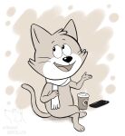  3_toes 4_fingers anthro beverage cellphone coffee coffee_cup container corgi_(artist) cup domestic_cat fancy-fancy_(top_cat) feet felid feline felis fingers hanna-barbera jellystone_(hbo_max) male mammal phone sat scarf smile solo toes top_cat_(series) whiskers 