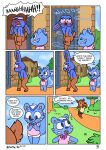  animal_crossing blue_body blue_fur blush clothed clothing comic dialogue doc_(animal_crossing) exposed eyewear filbert_(animal_crossing) fur glasses hair hi_res lagomorph leporid mammal nintendo nude nutty_bo rabbit rodent sciurid text video_games 