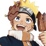  1boy blonde_hair blue_eyes character_request child commentary_request facial_mark food forehead_protector frog_mask ikayaki looking_at_viewer male_focus nameko_hachikou naruto naruto_(series) ninja open_mouth short_hair smile solo uzumaki_naruto whisker_markings white_background 