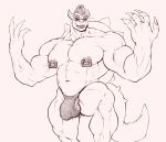  2022 4_fingers abs absurd_res anthro balls biceps black_sclera bowser bulge claws clothed clothing eyebrows finger_claws fingers genitals hair hi_res horn koopa male mario_bros muscular muscular_anthro muscular_male nintendo nipples pecs penis reptile scalie sharp_teeth shell solo spiked_shell spikes spikes_(anatomy) teeth thick_eyebrows video_games 