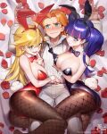  1boy 2girls animal_ears blonde_hair blue_eyes blush bow bowtie breasts brief_(psg) cleavage detached_collar fake_animal_ears fake_tail fishnet_pantyhose fishnets formal girl_sandwich large_breasts leotard multicolored_hair multiple_girls open_collar orange_hair panty_&amp;_stocking_with_garterbelt panty_(psg) pantyhose petals playboy_bunny purple_hair rabbit_ears rabbit_tail rose_petals sandwiched siriuflong smile stocking_(psg) strapless strapless_leotard suit tail tuxedo twintails two-tone_hair wavy_mouth white_suit wrist_cuffs 