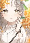  1girl blurry blurry_foreground blush close-up collar commentary_request frilled_collar frills grey_eyes hand_on_own_face highres jewelry necklace original ring silver_nails solo spide_r_(mxpm3455) teeth watch white_background wristwatch 
