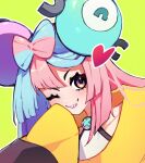  1girl aqua_hair bangs blush bow-shaped_hair character_hair_ornament hair_ornament highres iono_(pokemon) jacket long_hair looking_at_viewer multicolored_hair one_eye_closed pink_hair pokemon pokemon_(game) pokemon_sv raluraluze sharp_teeth shirt sleeves_past_fingers sleeves_past_wrists smile solo teeth two-tone_hair yellow_jacket 