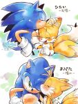  2boys blue_fur clenched_hand commentary_request cub fox_tail furry furry_male gloves green_eyes highres kiss kissing_eye kissing_forehead male_focus misuta710 multiple_boys multiple_tails open_mouth simple_background smile sonic_(series) sonic_the_hedgehog tail tails_(sonic) translation_request two_tails white_gloves yellow_fur 