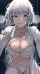  1girl bandaged_neck bandages bra breasts cleavage collared_shirt dress_shirt girls&#039;_frontline highres large_breasts looking_at_viewer navel open_clothes open_mouth open_shirt panties purple_eyes rpk-16_(girls&#039;_frontline) shirt short_hair solokitsune tile_wall tiles underwear wet white_bra white_panties 