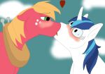  &lt;3 big_macintosh_(mlp) blue_hair blue_sclera blush cloud duo earth_pony embrace equid equine feral fetlocks flamewolf freckles friendship_is_magic hair hasbro horn horse hug kissing male male/male mammal my_little_pony open_mouth orange_hair pony red_body shining_armor_(mlp) shocked surprise surprise_kiss surprised_expression unicorn white_body 