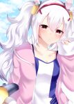  1girl animal_ears azur_lane bangs blue_sky blush breasts camisole cleavage clip_studio_paint_(medium) closed_mouth cloud cloudy_sky collarbone commentary_request day fake_animal_ears hair_between_eyes hairband hand_up jacket laffey_(azur_lane) long_hair long_sleeves looking_at_viewer misaki_(misaki86) open_clothes open_jacket outdoors pink_jacket rabbit_ears red_eyes red_hairband sky sleeves_past_wrists small_breasts solo twintails very_long_hair white_camisole white_hair 
