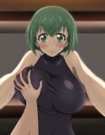 1boy 1girl absurdres black_leotard breast_grab breasts deep_skin glasses grabbing green_eyes green_hair highres infinite_stratos large_breasts leotard looking_at_viewer macaroni_(dontakadx) parted_lips pov pov_hands shiny shiny_clothes shiny_hair shiny_skin short_hair skin_tight solo_focus sweat taut_clothes yamada_maya_(infinite_stratos) 