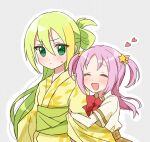  2girls alina_gray bangs blunt_ends blush bow closed_eyes furrowed_brow green_hair hair_between_eyes hair_ornament hair_rings hat hug japanese_clothes kimono long_hair long_sleeves magia_record:_mahou_shoujo_madoka_magica_gaiden mahou_shoujo_madoka_magica medium_hair misono_karin miyuara multicolored_hair multiple_girls open_mouth parted_bangs parted_hair purple_eyes purple_hair ribbon sakae_general_school_uniform school_uniform shirt sidelocks simple_background skirt smile star_(symbol) straight_hair streaked_hair two_side_up wide_sleeves yukata 