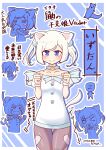  1girl absurdres animal_ears blue_eyes choker cup dress drinking_glass etotama ferret ferret_ears ferret_girl ferret_tail hair_tie highres izu-tan oomoriza pantyhose purple_pantyhose short_dress solo translation_request virtual_youtuber white_dress white_hair 