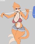  absurd_res anthro biped bottomwear bra breasts buizel clothed clothing cooliehigh female generation_4_pokemon glistening glistening_breasts hi_res holding_object looking_at_viewer navel nintendo orange_body pokemon pokemon_(species) red_eyes shorts signature simple_background skimpy snout solo underwear video_games 
