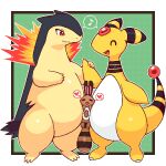  &lt;3 2022 aliasing ampharos anthro belly belly_squish between_bellies big_belly blush blush_lines digitigrade full-length_portrait generation_2_pokemon group happy low_res musical_note nintendo pokemon pokemon_(species) portrait red_eyes sentret speech_bubble squish standing takiune_(pixiv) trio typhlosion video_games 