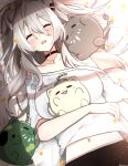  1girl absurdres animal_ear_fluff animal_ears black_choker blush breast_pillow breasts choker commentary_request grey_hair hair_between_eyes hair_ornament highres hololive large_breasts lion_ears lion_girl long_hair mashiro_io messy_hair multiple_others navel open_mouth shirt shishiro_botan sleeping smile ssrb t-shirt virtual_youtuber 